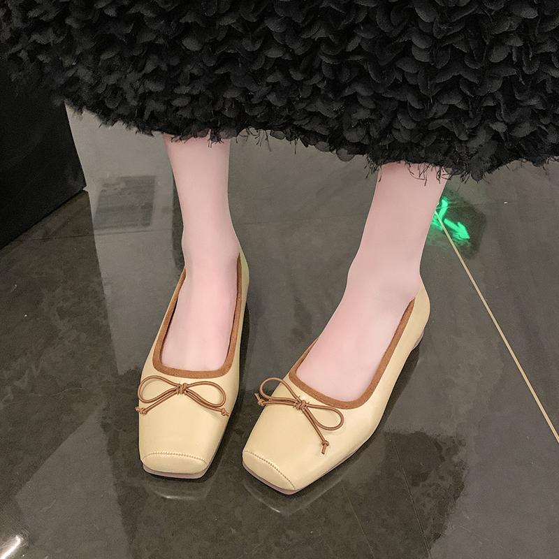 Модные туфли с бантом и квадратным носком, женские, удобные и элегантные, с неглубоким носком, разноцветные, женская обувь, на низком каблуке, балетки, повседневные