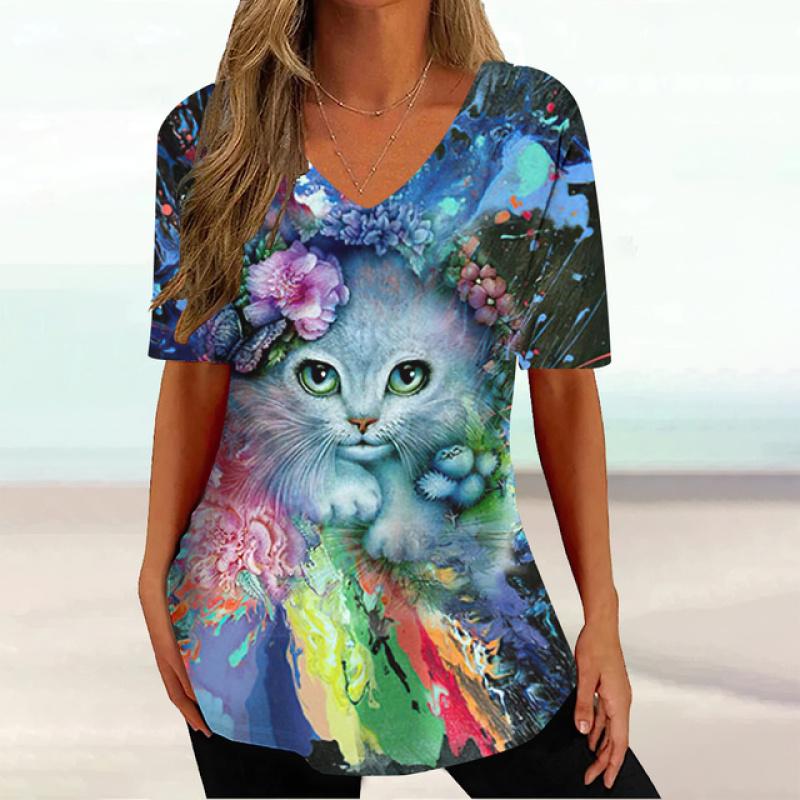 2023 модная женская одежда, топы с короткими рукавами и 3d цветным принтом кошки, повседневные уличные пуловеры, летние женские футболки больших размеров