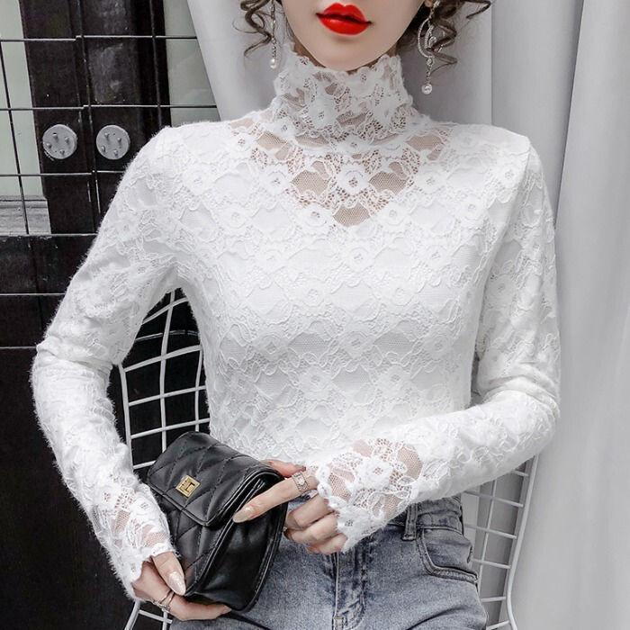 Модные женские топы больших размеров с высоким воротом и кружевом на бретельках, весна и осень, симпатичный однотонный топ-майка