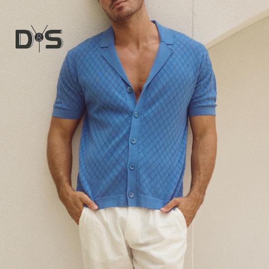 Мужская жаккардовая трикотажная рубашка с коротким рукавом, застегивающаяся на пуговицы, с кубинским воротником, узором в виде ромба, повседневная рубашка для повседневной носки, вечеринок, путешествий