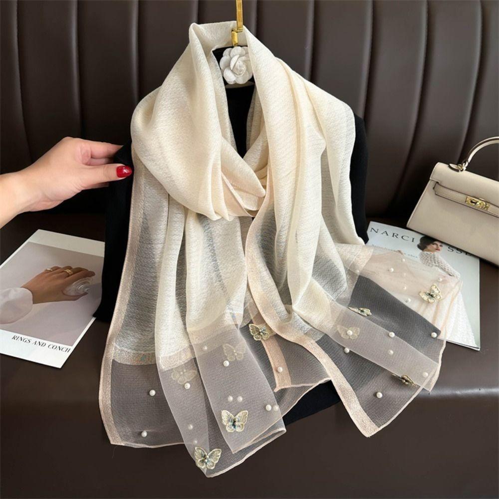 Thin Butterfly Embroidery Scarf Pearl Women Hijab Shawls Elegant Silk Scarf Lady