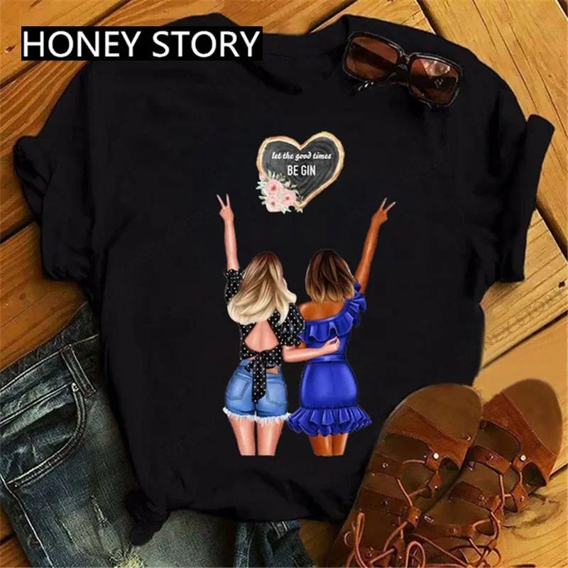 Summer Fashion Best Friends T-Shirt Short Sleeve Graphic Tees for Ladies Good Friend Bestie Sister Outfit Polyester Fabric