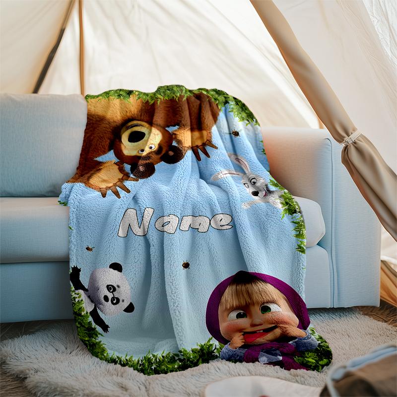 Personalized Custom Name Blanket - Masha and the Bear Print Design,Blanket for Sofa,Bed,Travel,Camping - Soft and Warm, Great Gift