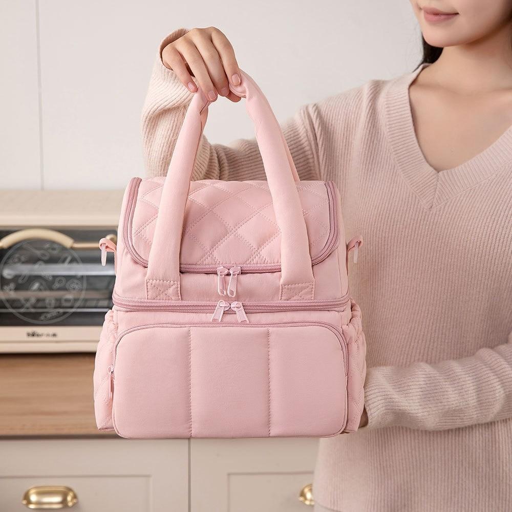 Double Layer Lunch Bag Tumbler Compartment Insulated Bag Handbag Cooler Bag Food Storage