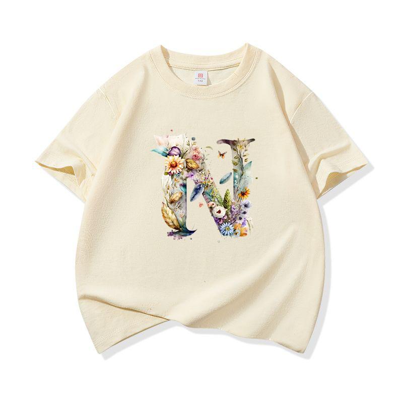 Kids Cotton T Shirt Floral Letter N Print Crew Neck Short Sleeve Tee Casual Boys Girls Summer Tops