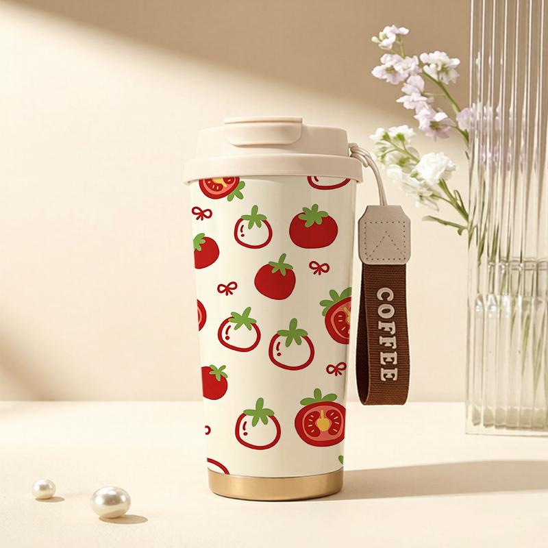 Coffee Mug 532ml Tomato & Berry Fruit-Veggie Elements Lanyard Insulated Cup Lightweight Cup Leakproof Hand Cup Car Cup Commute Coffee Cup