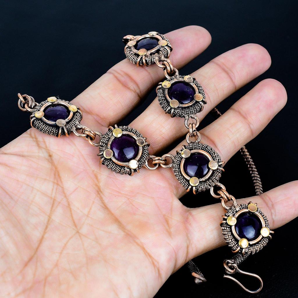 Ожерелье с аметистом, ожерелье с регулируемой цепочкой, обернутое медной проволокой 999 пробы. Подарок для женщин ожерелье ручной работы ювелирные изделия из драгоценных камней