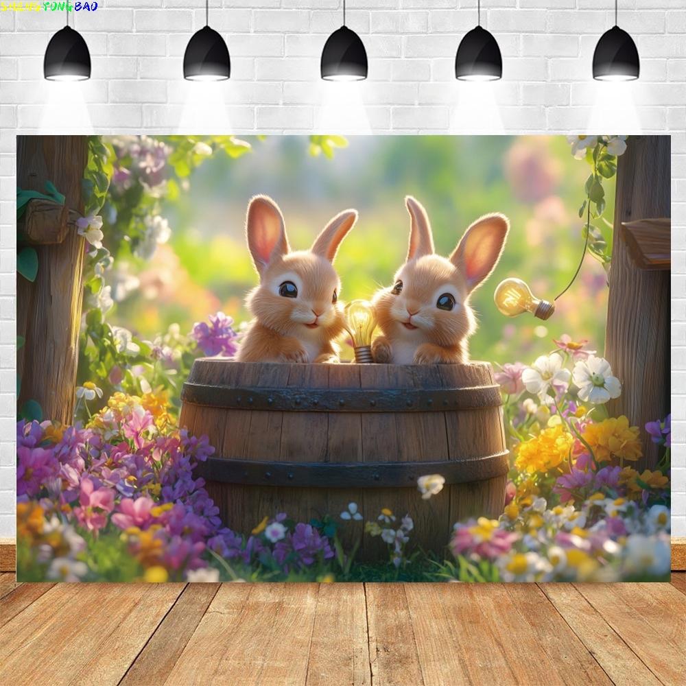 Happy Easter Backdrop Spring Natural Scenery Garden Rabbit Eggs Bunny Easter Adult Kids Portrait Photography Background Decor