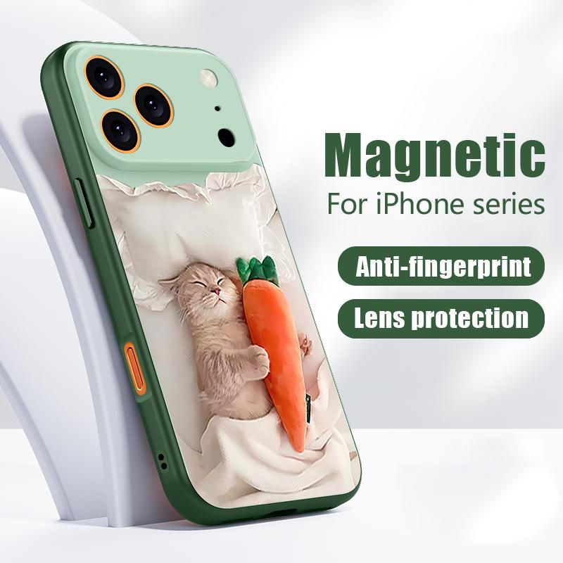 Чехол Спящий кот с узором из моркови Для iPhone 17 Pro Max Магнитный Для Magsafe Покрытие с ощущением кожи Для iPhone 16 15 14 13 Pro Max