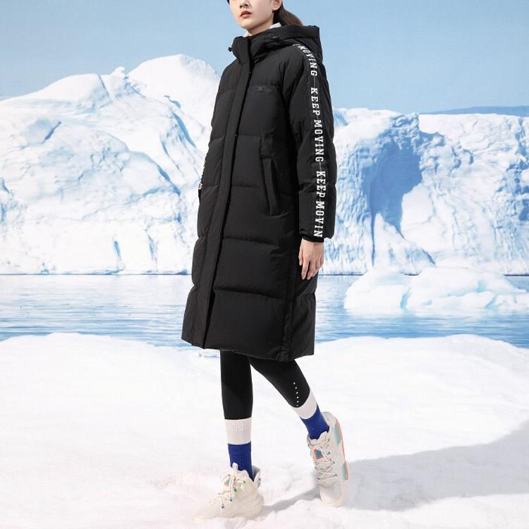 Anta Стиль жизни серии однотонный боковой буквенный знак водонепроницаемый длинный теплый пуховик с капюшоном женская верхняя одежда черный 162148925-2