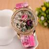 Women's Rhinestone Flower Quartz Watch Round Dial Faux Leather Band Fashion Wristwatch