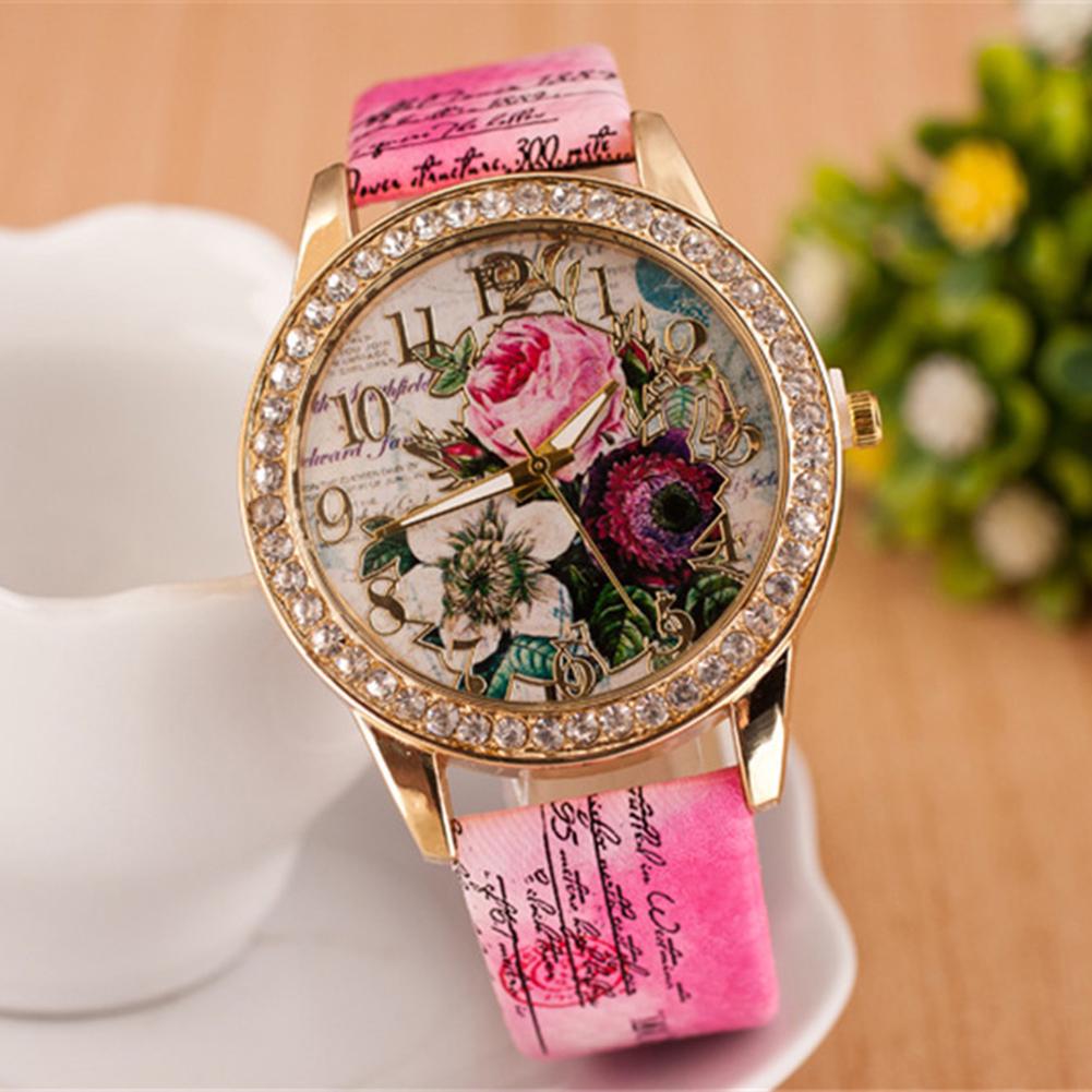 Women's Rhinestone Flower Quartz Watch Round Dial Faux Leather Band Fashion Wristwatch