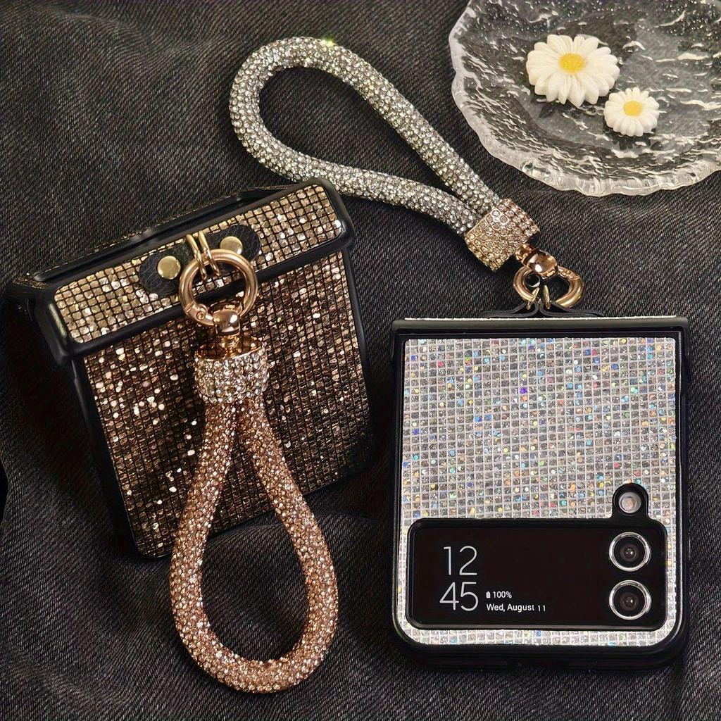 Защитный чехол-шнурок со стразами для Samsung Z Flip7 с полным покрытием и интегрированным шарниром