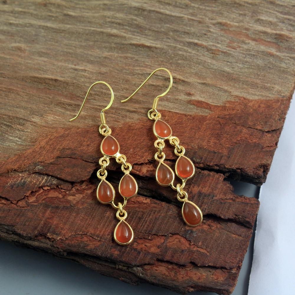 Лунный камень Лабрадор Сердолик Драгоценный камень 100% стерлингового серебра 925 пробы с покрытием из желтого золота Серьги с подвесками