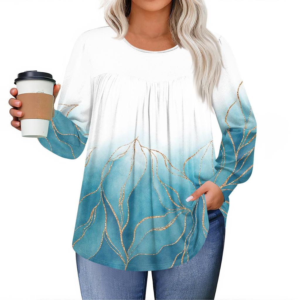 Womens Plus Size Tops Long Sleeve Shirts Round Neck Flowy Tunic Casual Loose Blouse L-5X