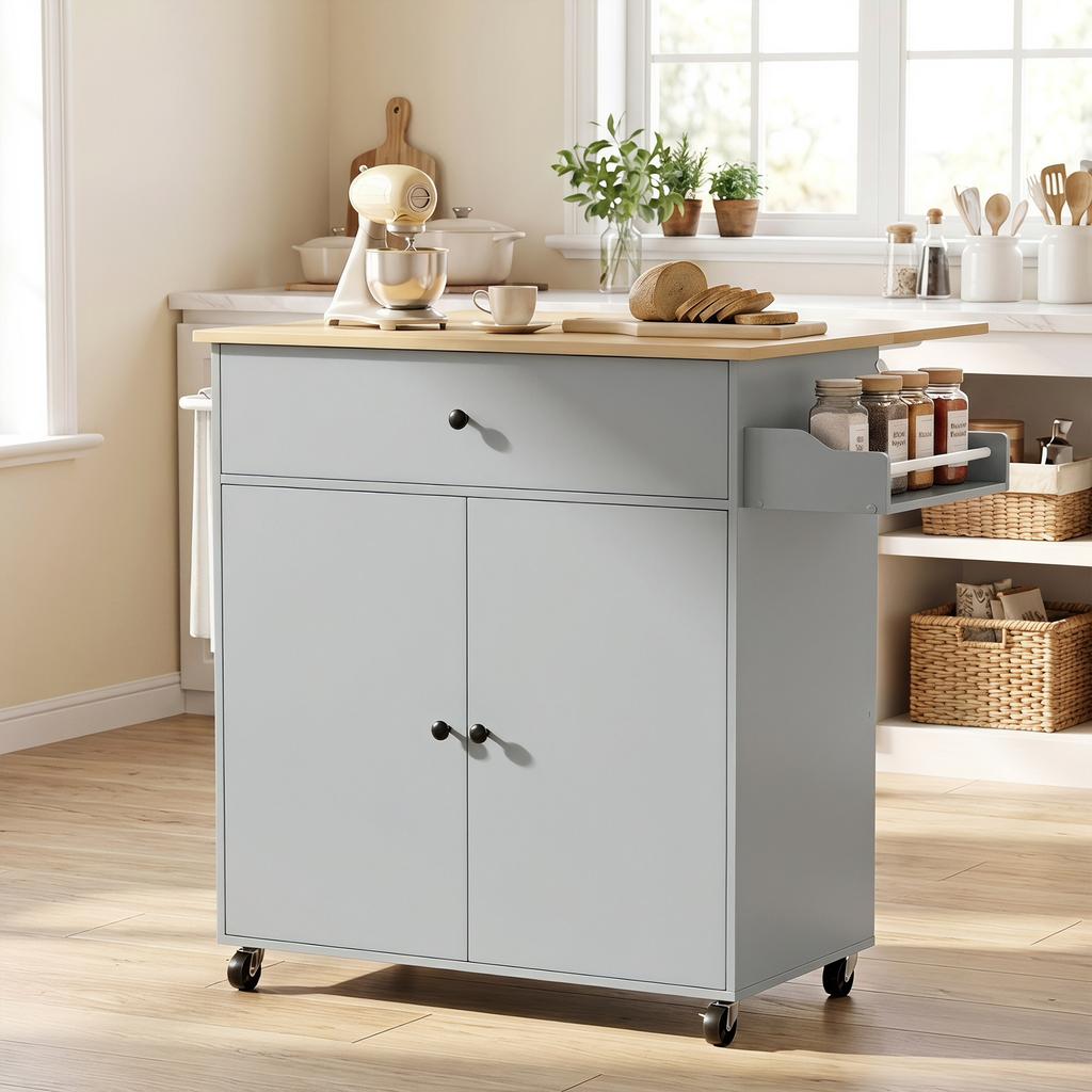 Kitchen Island with Drop Leaf, Rolling Kitchen Storage Trolley on Wheels with Drawer, Spice Rack and Towel Rack, Grey