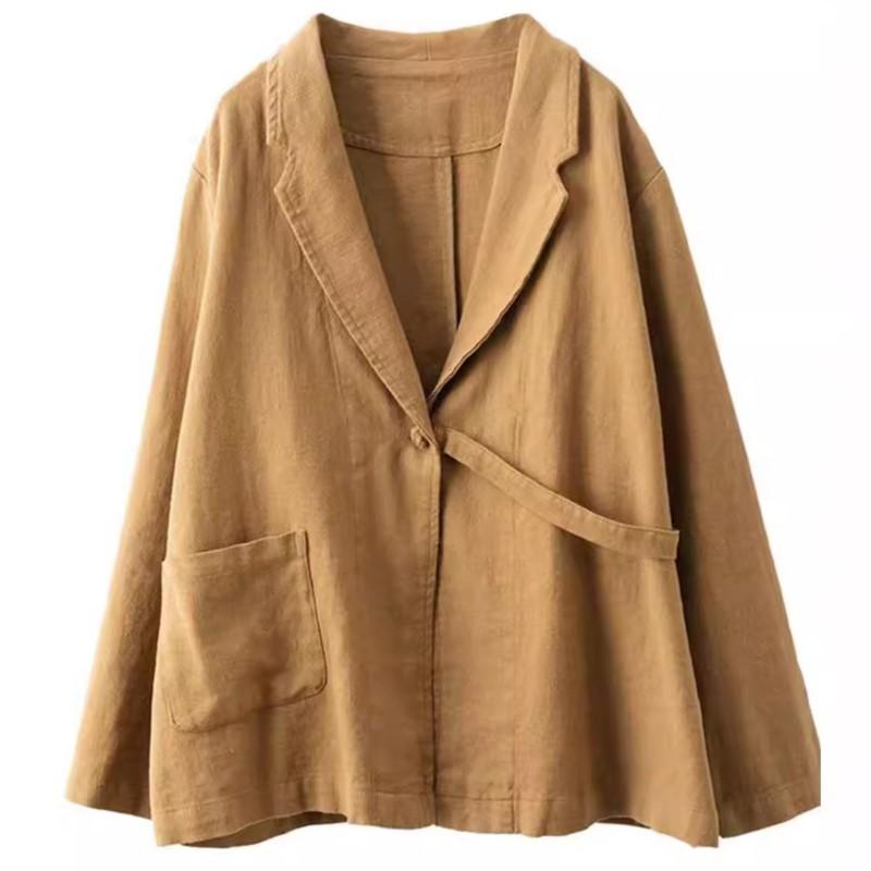 Johnature Woman Autumn Casual Solid Color Loose Long Sleeves Coat Splicing V-Neck Chinese Style Vintage Coat