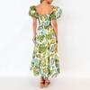 Women Evening Dress Bubble Sleeves Low-cut Off Shoulder Colorful Print A-line Big Hem Patchwork Hollow Out Pleated
