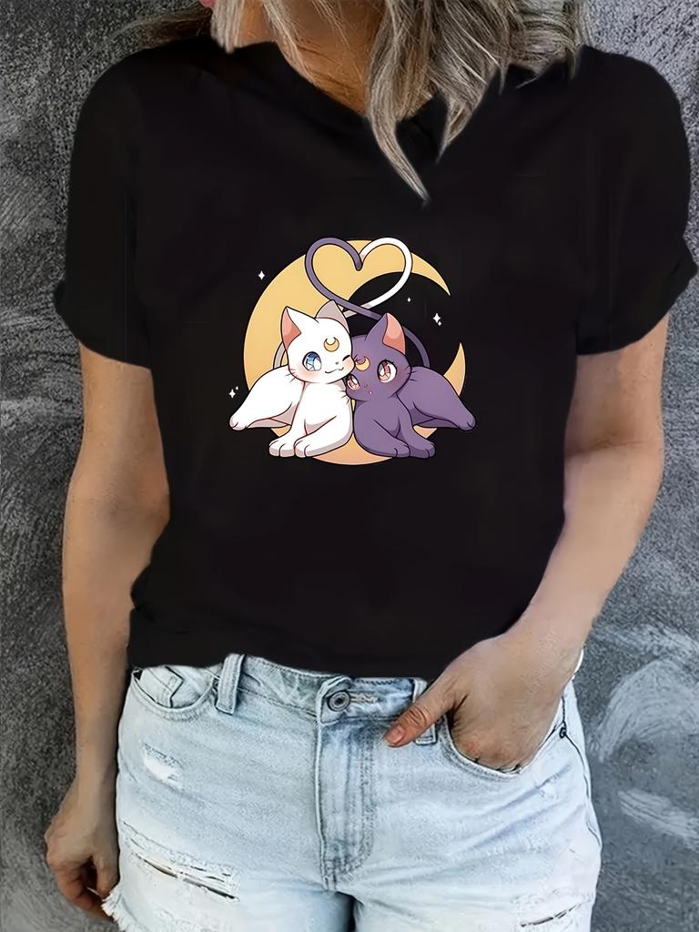 Women's Elegant Trendy T-Shirt with White & Purple Cat Duo Moon & Heart Print - Soft Polyester Blend Crew Neck Machine Washable