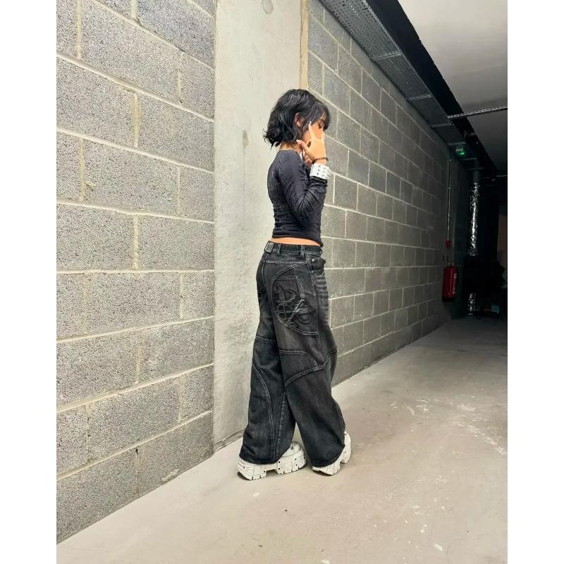 RogueWave Streetwear Washed Retro Baggy Jeans Goth Hip-hop Personality Harajuku Trendy Black Straight Pant Y2K Wide Leg Pants Unisex