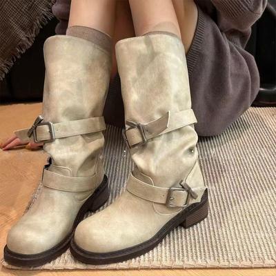 Ретро ботинки-локомотивы женские 2025 осень и зима новые толстый каблук полусапоги рабочие, но ботфорты ботинки Мартин