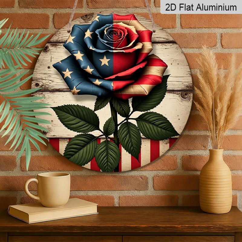 2D Flat, 1pc Round Rustic Farmhouse Aluminum Wall Art - Patriotic Red White & Blue Rose Design with Vintage American Flag-Inspired Stars & Stripes