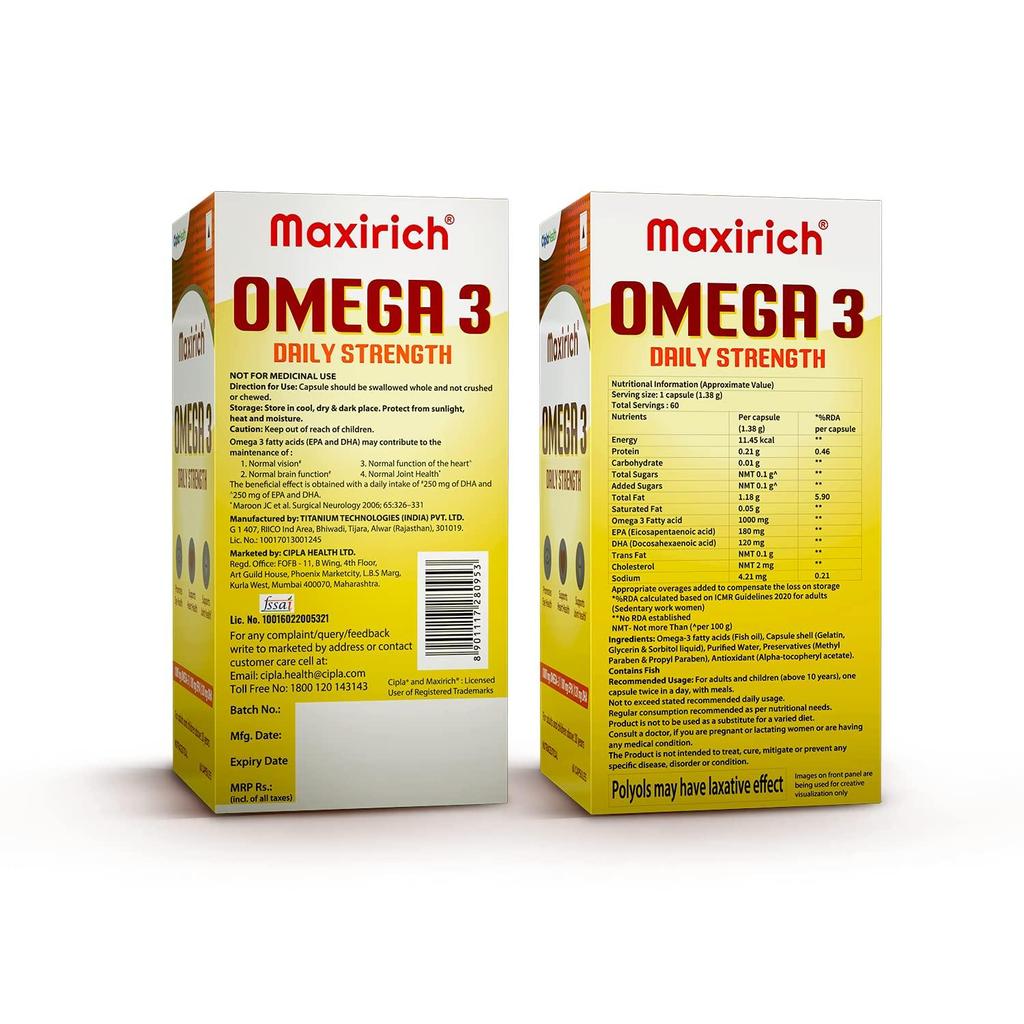 Cipla Maxirich Omega 3 Daily Strength 60 капсул EPA 180 мг DHA 120 мг