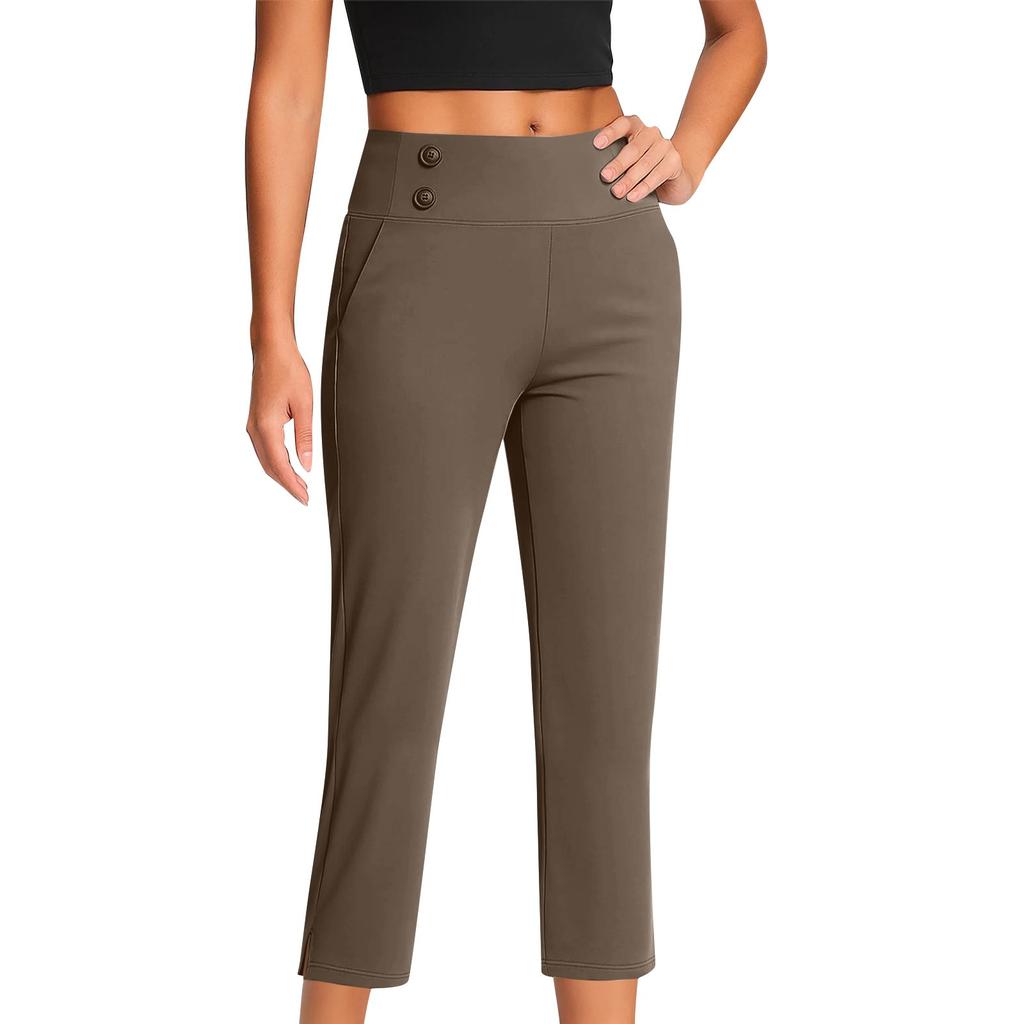 Women's Fashionable Solid Color Straight Leg Pants With High Waist Button Pockets And Elastic Waist Casual Pants