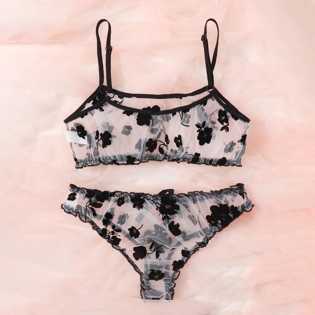 Women's Sexy Lingerie Two-piece Flocking Black Mesh Seductive Sexy Lingerie EMA