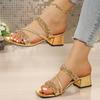 Summer New Women Sandals Rhinestones Open Toe High Heels Shoes for Women Trend Sandals Medium Heel Thick Heel Slippers Women