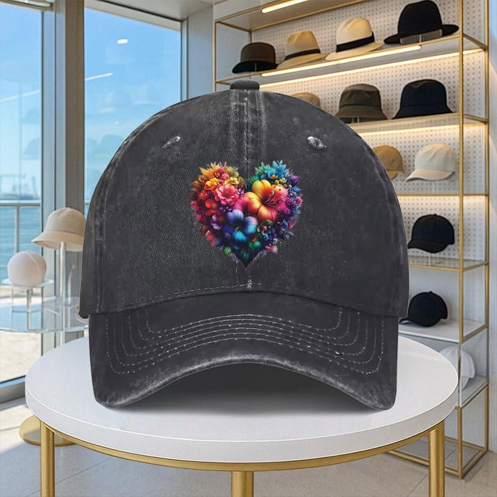 Heart Shaped Floral Art Baseball Cap Washed Denim Print Casual Adjustable Urban Style Hat Unisex