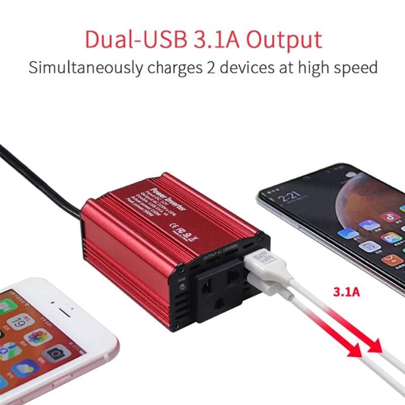 12 В в 220 В автомобильный инвертор с двумя USB-портами, быстрая зарядка, портативный автомобильный инвертор, модифицированная синусоида, автомобильный адаптер с розеткой ЕС