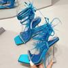 Fashion Liyke New Design Crystal Womens Sandals Fashion Fuzzy Feather Summer Transparent High Heels Sexy Party Banquet Shoes Blue White