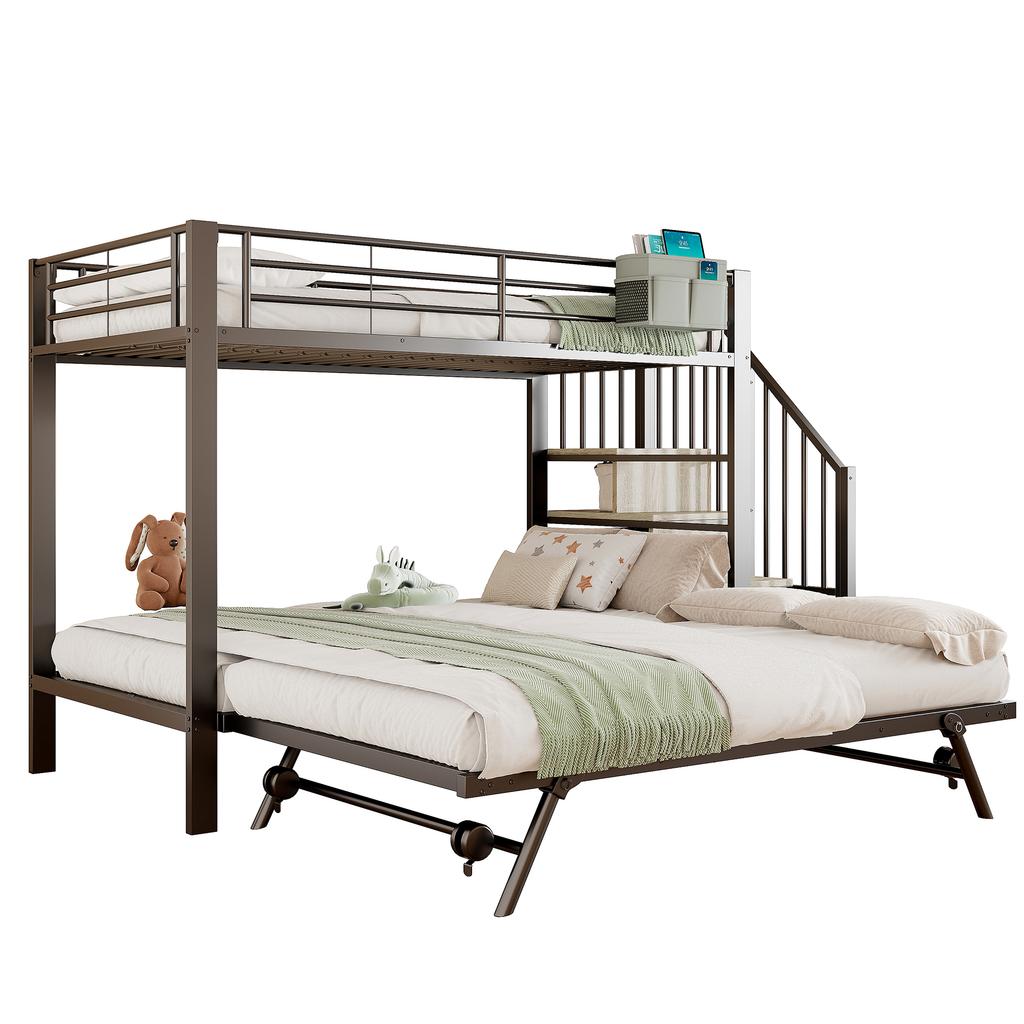 Bunk Bed, 90 x 200 cm, 180 x 200 cm, Iron Frame, Pull-Out Bed Design, Fabric Bag, Staircase Constructions with Storage Space, without Mattress, black