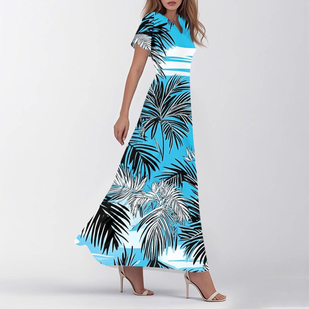 Women's Summer Casual Fashion Retro Floral Dress V Neck Short Sleeve Dress