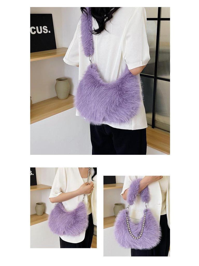 Autumn/Winter Faux Fox Fur Plush Shoulder Bag with Pearl Chain