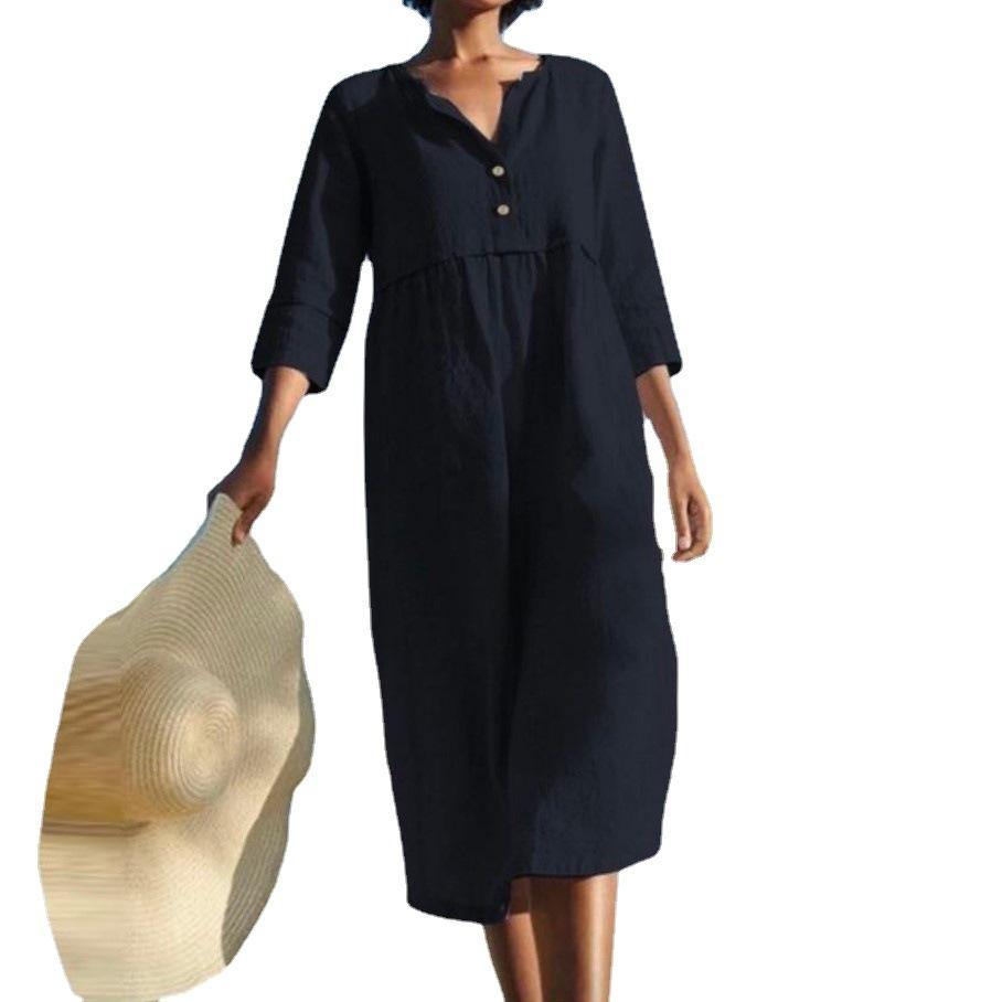 Женское платье с длинным рукавом, V-образным вырезом, застежкой на пуговицы спереди и карманами, повседневного свободного кроя, с летящей юбкой, присборенное на талии