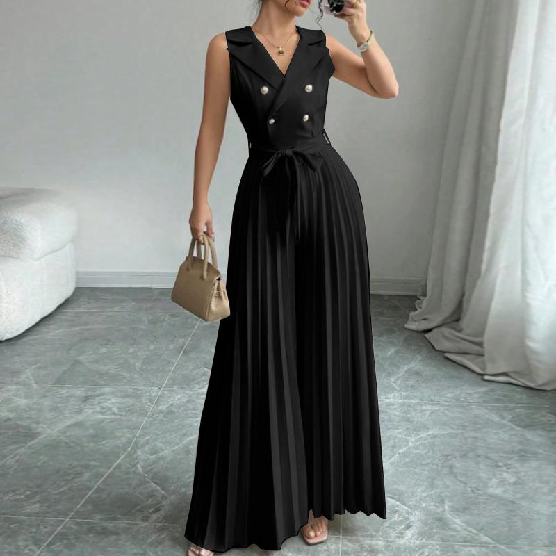 ZANZEA Женские летние длинные комбинезоны с зазубренными лацканами без рукавов с широкими штанинами