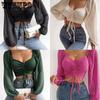 WTEMPO Women's V-Neck Off-Shoulder Blouses Summer Drawstring Bandage Long Sleeve Tops Ladies Korean Fashion Short Clothes