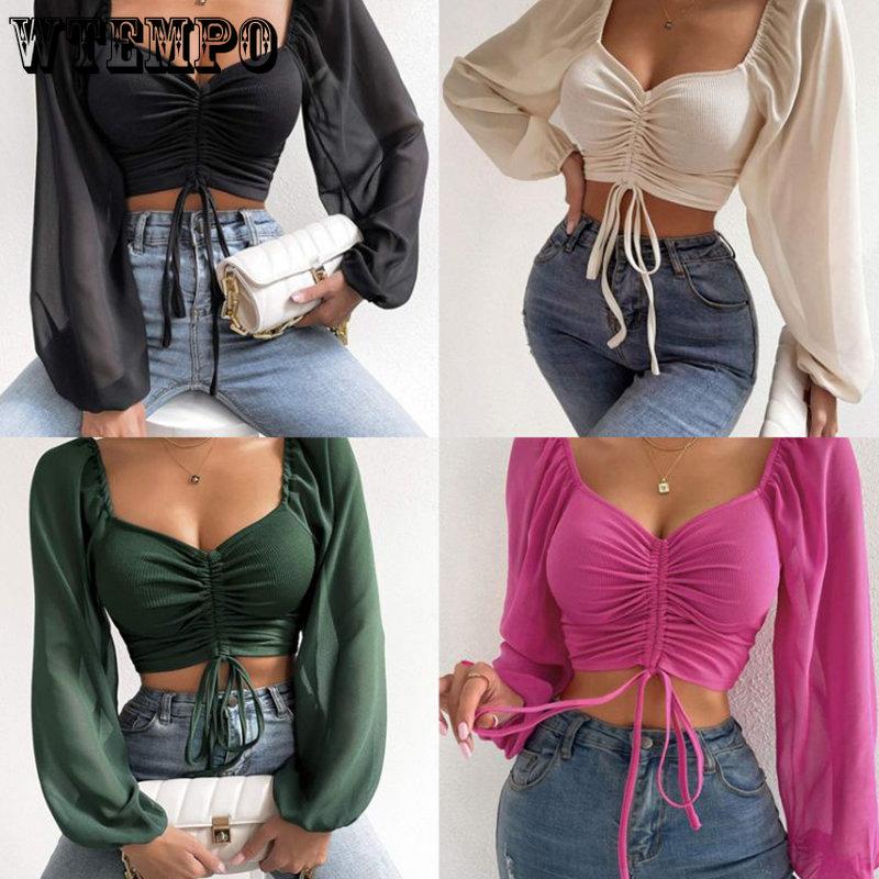 WTEMPO Women's V-Neck Off-Shoulder Blouses Summer Drawstring Bandage Long Sleeve Tops Ladies Korean Fashion Short Clothes