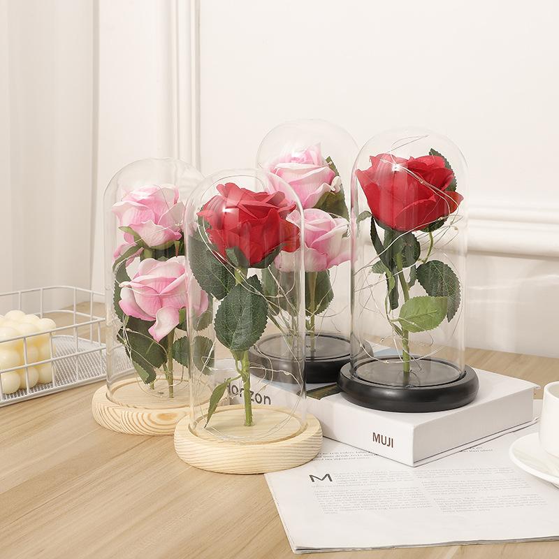 Glass Cover Immortal Rose Flower Ornaments LED Luminous Artificial Flower Creative Christmas Valentine's Day Gift