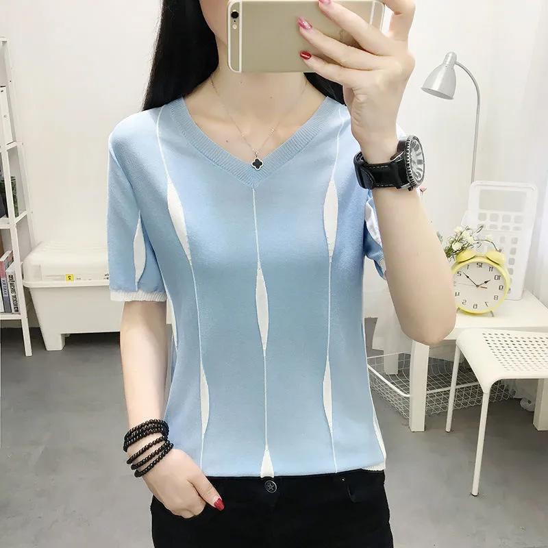 Ice Silk Short-sleeved T-shirt Women's Loose and Thin Summer Top Large Size Thin Bottoming Knitted Sweater