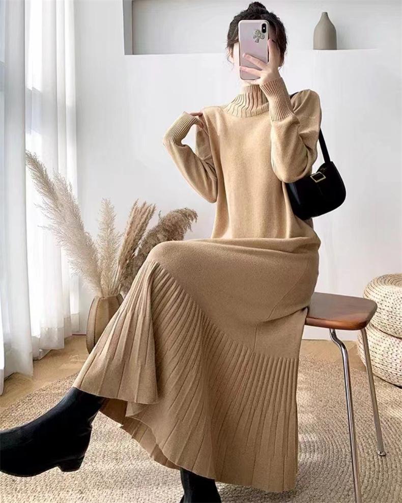 Semi-turtleneck Bottoming Knitted Sweater Skirt Women's Autumn and Winter New Over-knee Long Loose Large Size with Coat Dress Tide