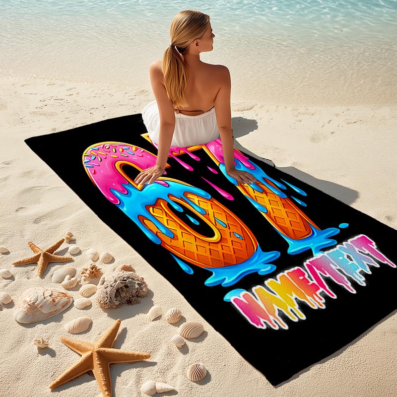 1PC Custom Name Summer Ice Cream Party Beach Towel Highly Absorbent And Sand-Resistant Towel for Swimming, Pool, Yoga, And Travel Lightweight