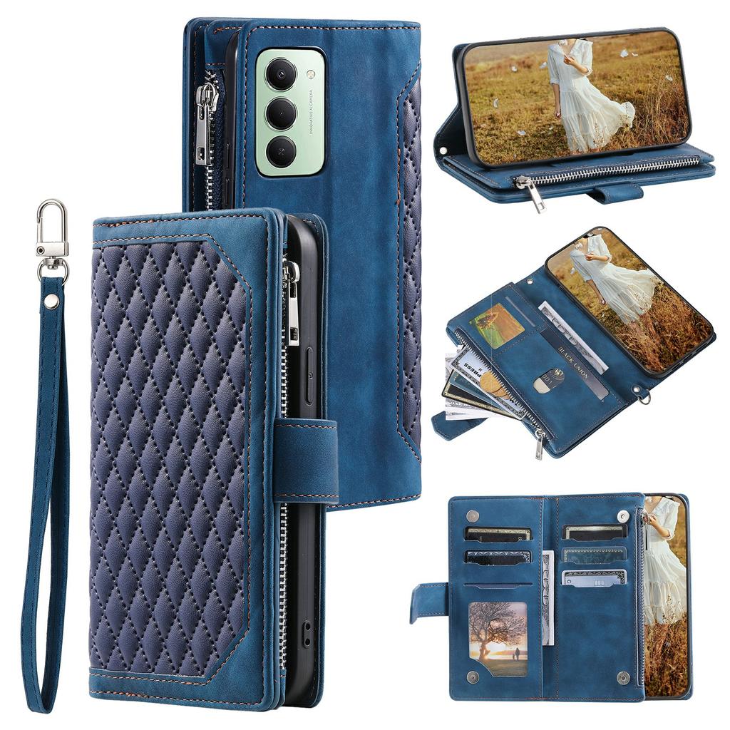 For Xiaomi Redmi 15 5G (EU) (171mm)/4G (EU) (171mm) Wallet Case Rhombus Stitching Line PU Leather Phone Cover with Wrist Strap