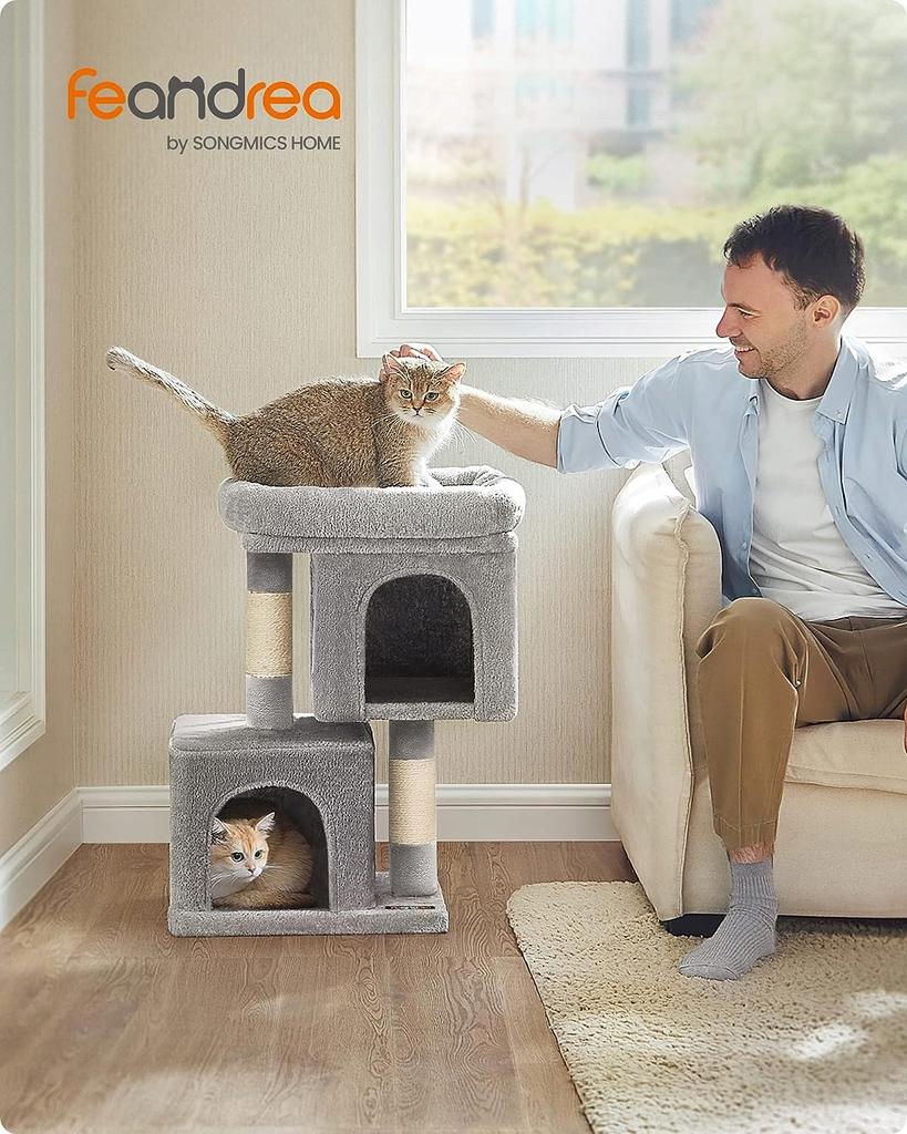 Feandrea Low Cat Scratching Post with House and Large Platform, Light Gray + Ball