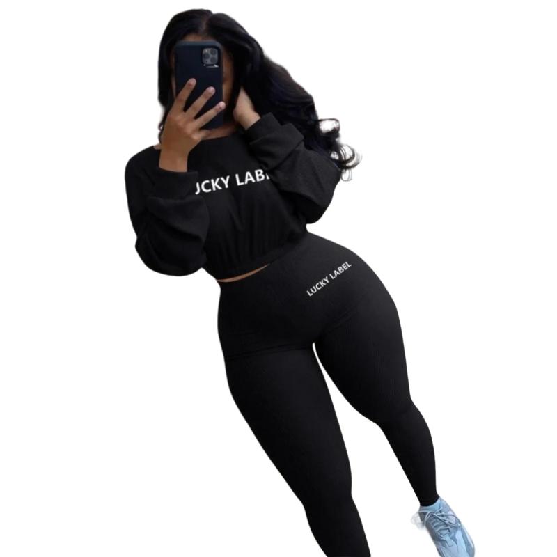 Модные летние однотонные комплекты из двух предметов с вышивкой букв Lucky Label, женский свитер + леггинсы, повседневные спортивные спортивные костюмы женские