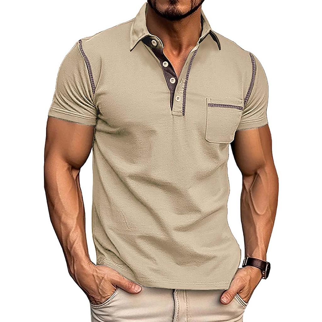 Summer European And American Men's Short Sleeved Men's Lapel T-shirt Color Blocking Top