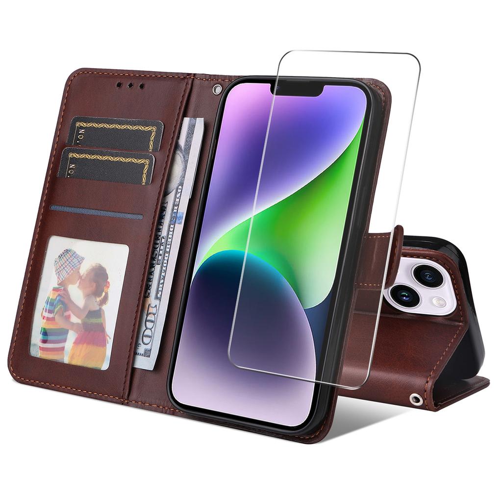 For iPhone 15 Plus PU Leather Wallet Case Phone Stand Cover with Tempered Glass