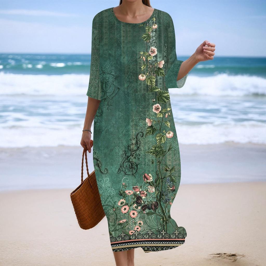 Women's Fashionable Printed Round Neck Seven Quarter Sleeve Loose Dress